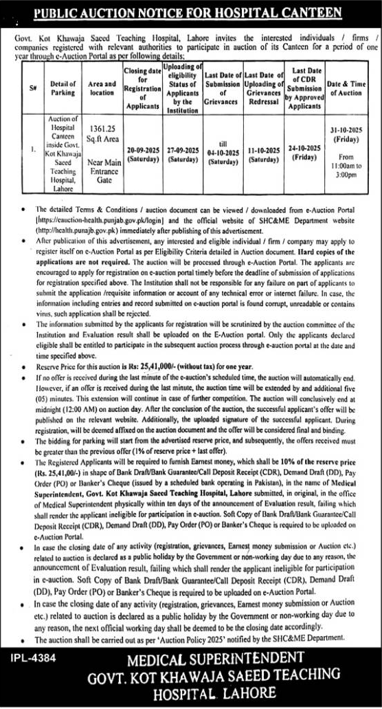 Govt Kot Khawaja Saeed Teaching Hospital Lahore Tender Notice